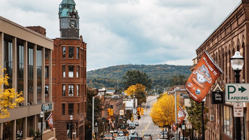 Downtown Marquette, Michigan in Autumn Downtown Marquette, Michigan, as seen from North Front Street in autumn, with a Kraft Hockeyville banner.