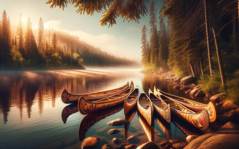 DALL·E 2023-12-27 17.46.55 - A wide-format image featuring Native American Ojibwe canoes. The image should beautifully illustrate traditional Ojibwe canoes on a serene lake or riv