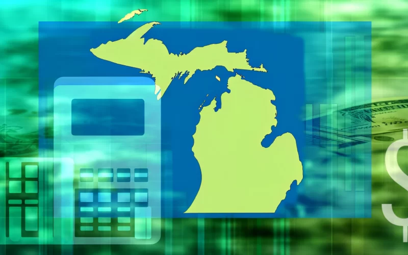 DALL·E 2024-03-03 21.22.47 - A wide format image representing taxation in Michigan. The background should be a blend of green and blue, symbolizing the state's natural landscapes